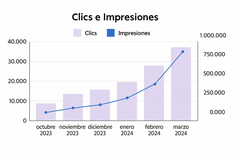 Gráfico de clics e impresiones mostrando el crecimiento orgánico logrado mediante SEO