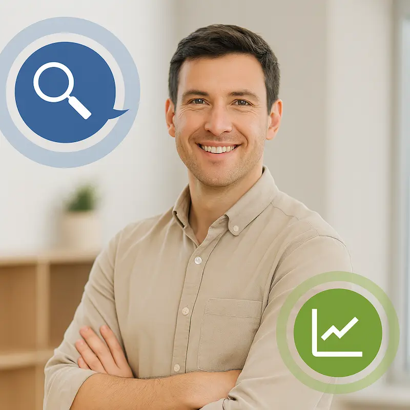 Consultor SEO profesional sonriendo en una oficina, representando crecimiento y resultados en estrategias de posicionamiento web.