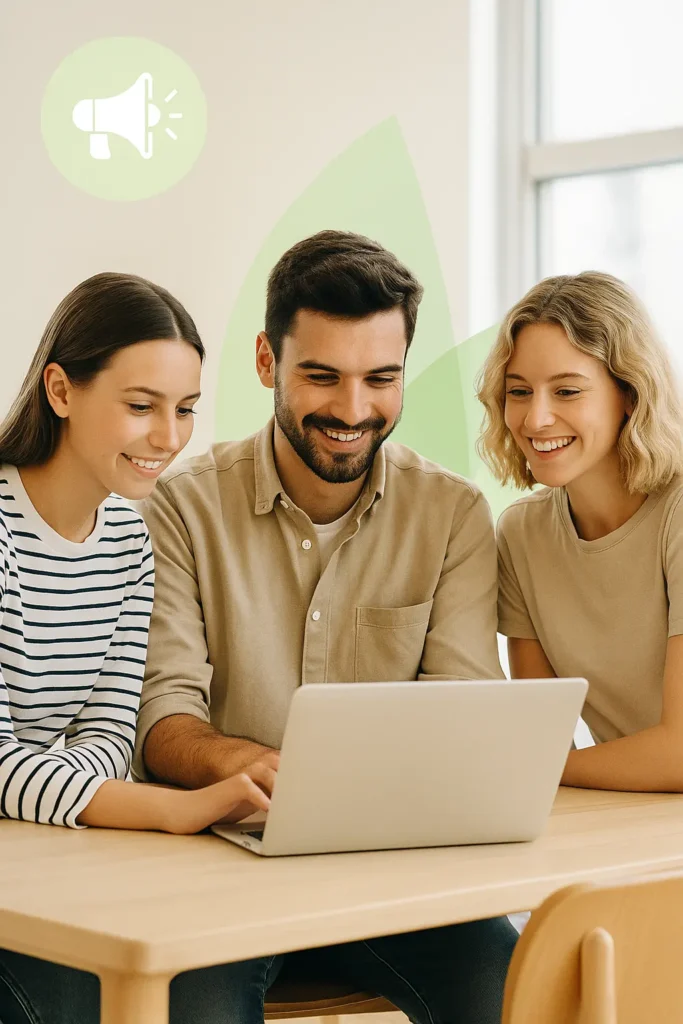 Emprendedores jóvenes colaborando en laptop para impulsar un proyecto digital