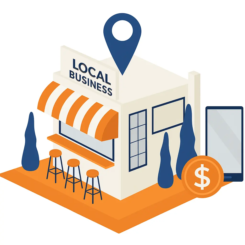 Ilustración de un negocio local con colores azul y naranja, representando el SEO Local y la visibilidad en Google Maps para Digital Next Grow