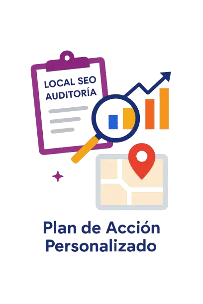 Ilustración de auditoría SEO local con lupa, gráficos y mapa, representando el análisis y plan de acción personalizado de Digital Next Grow