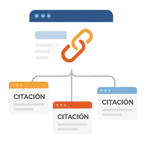 Ilustración de citaciones y menciones locales que muestran enlaces desde diferentes sitios web hacia un negocio, representando autoridad local en SEO