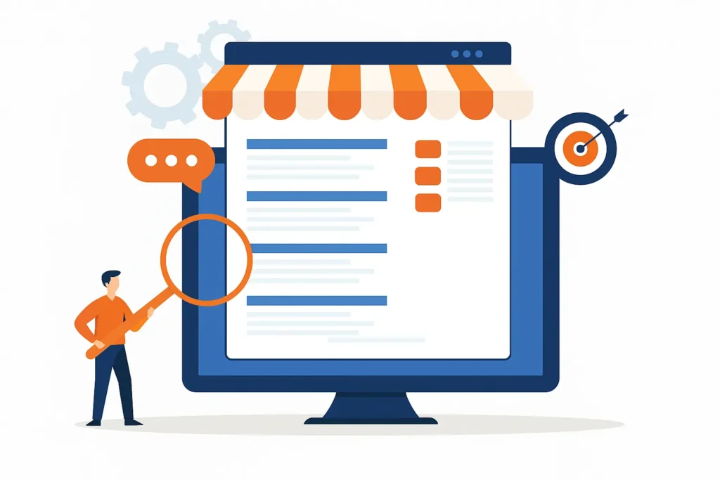 Ilustración de SEO Local con un negocio destacado en Google, lupa de búsqueda y señales de optimización local en colores de Digital Next Grow