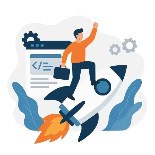 Ilustración flat en colores azul y naranja de Digital Next Grow, mostrando a un profesional sobre un cohete junto a elementos de desarrollo web, simbolizando velocidad y tecnología moderna