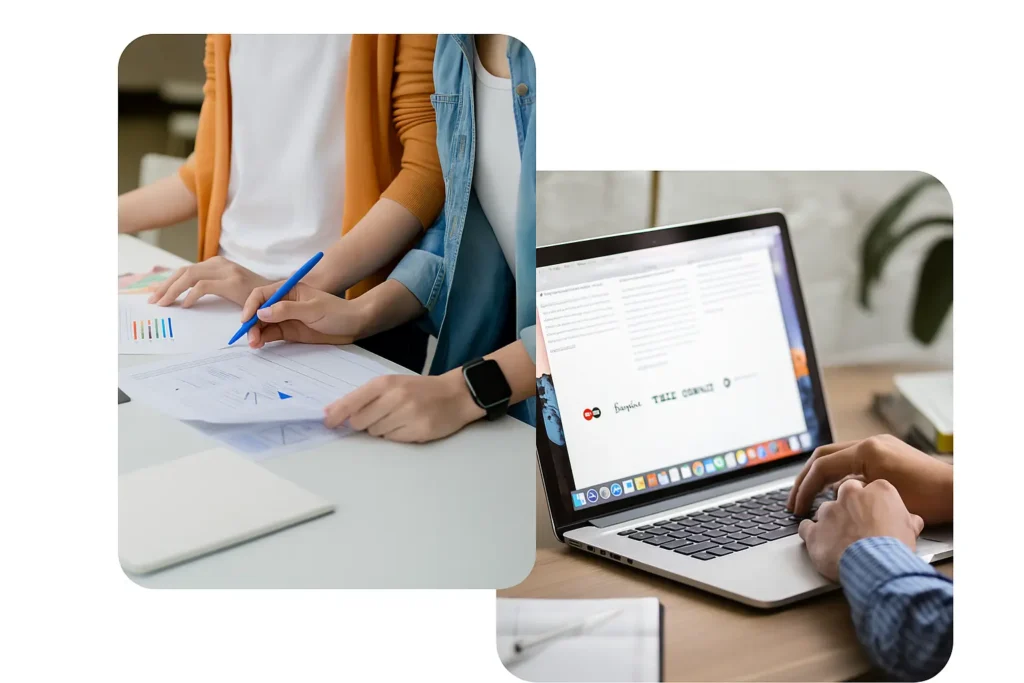 Equipo trabajando en diseño y desarrollo de páginas web profesionales, combinando planificación y creación de sitios web modernos.