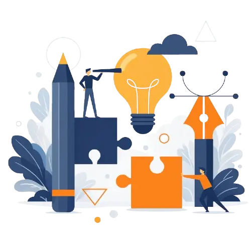 Ilustración en estilo flat con colores azul y naranja de Digital Next Grow, mostrando elementos de diseño como lápiz, foco de idea, piezas de puzzle y pluma creativa que representan el proceso de diseño web moderno.