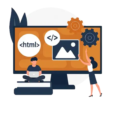 Ilustración de mantenimiento web con pantalla, engranajes y elementos técnicos, representando hosting y soporte para sitios web