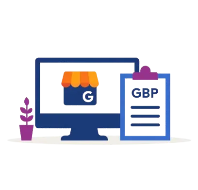 Ilustración de una computadora con Google Business Profile y checklist de optimización, representando el servicio de optimización de ficha de Google de Digital Next Grow