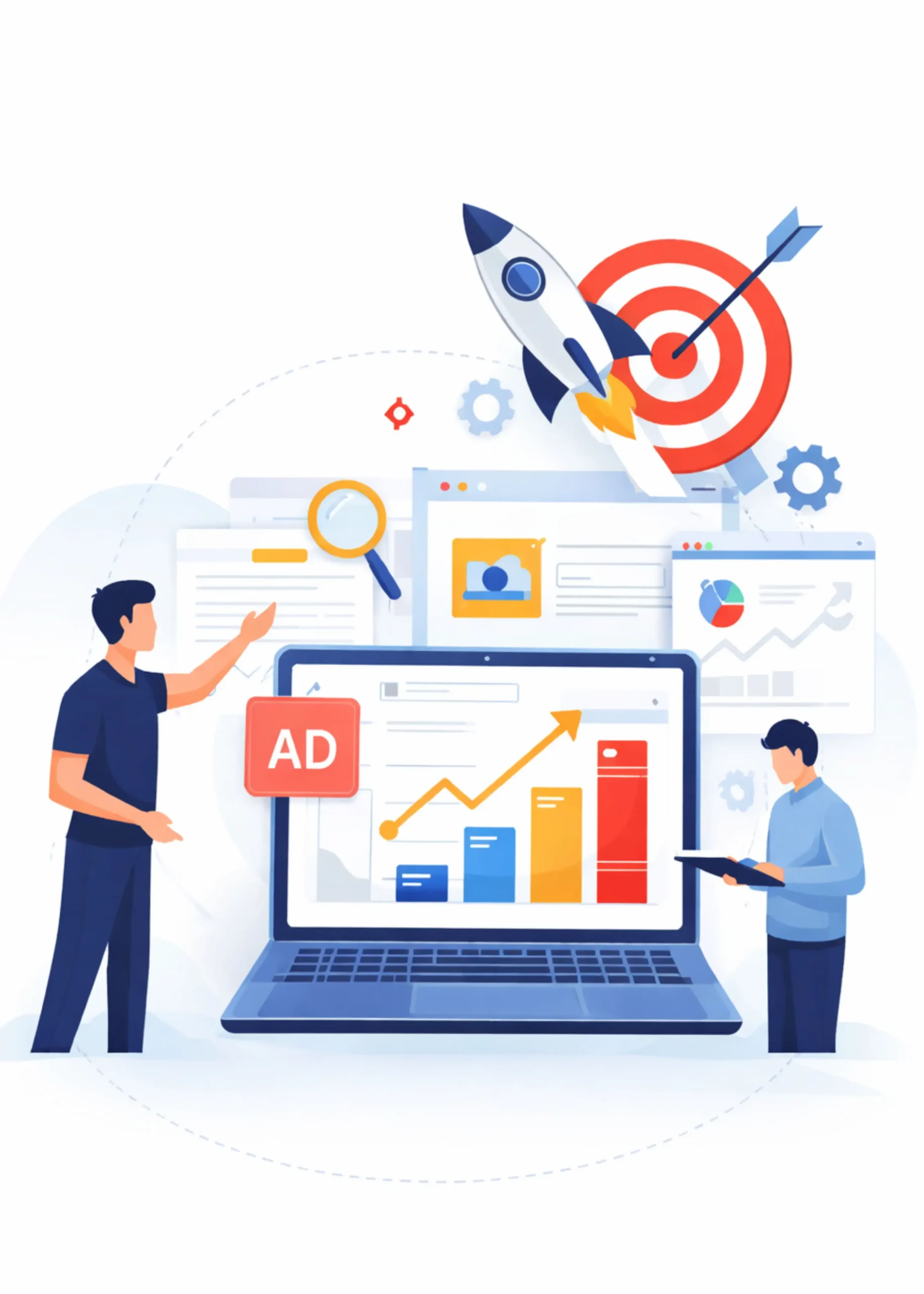 Ilustración del proceso de trabajo en Google Ads con análisis, creación de campañas y optimización estratégica