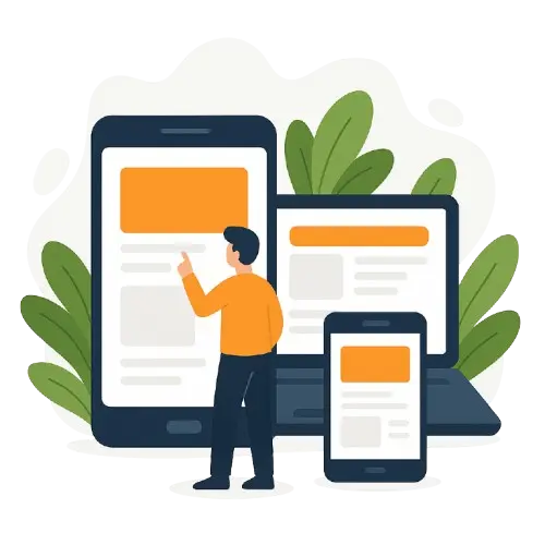 Ilustración estilo flat con un usuario interactuando con una web adaptada a móvil, tablet y escritorio, en colores azul y naranja de Digital Next Grow, representando diseño responsive.