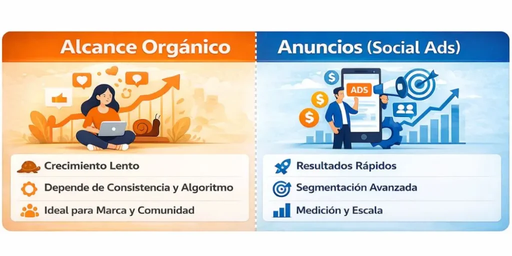 Infografía comparativa: alcance orgánico vs anuncios (Social Ads), mostrando crecimiento lento y comunidad frente a resultados rápidos, segmentación y medición.