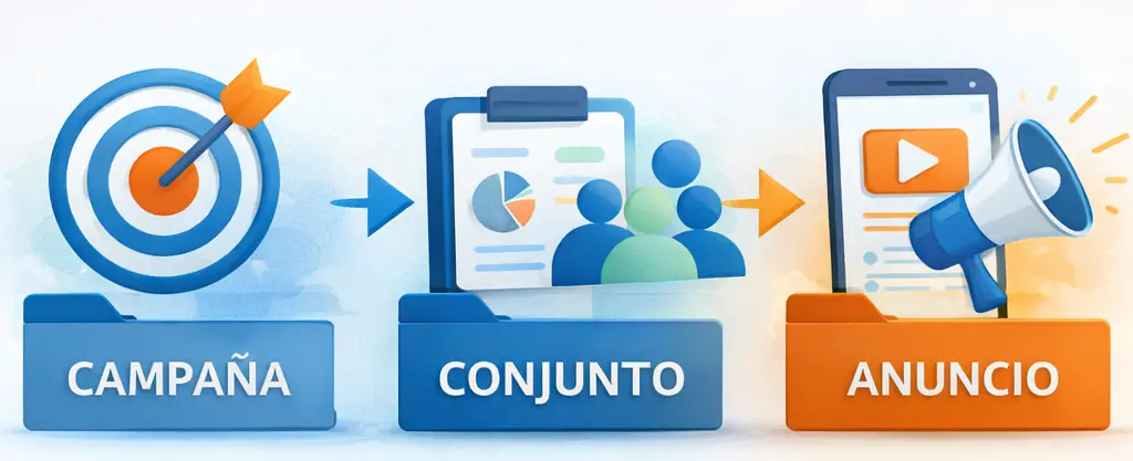 “Ilustración que muestra la estructura de la publicidad en redes sociales: campaña, conjunto de anuncios y anuncio, con enfoque en objetivos, públicos y creatividades