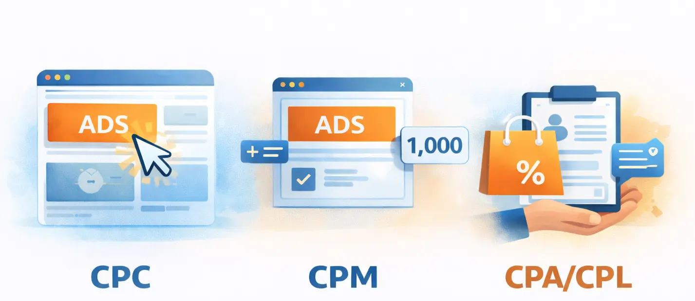 Ilustración que representa los modelos de pago en publicidad en redes sociales: CPC por clic, CPM por impresiones y CPA/CPL por conversión o lead.