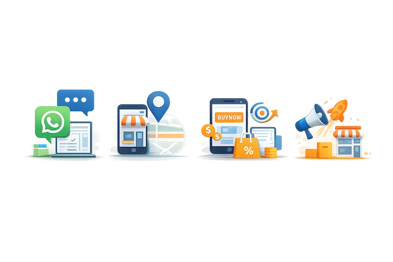 Ilustración visual que representa objetivos de la publicidad en redes sociales: consultas, clientes locales, ventas en ecommerce y visibilidad de marca