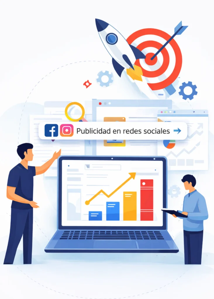 Ilustración de publicidad en redes sociales con campañas en Instagram y Facebook, mostrando crecimiento de resultados, estrategia digital y anuncios optimizados