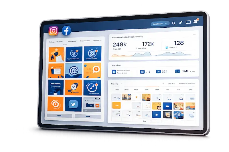 Tablet con panel de gestión de redes sociales mostrando Instagram y Facebook, con calendario de contenidos y métricas de rendimiento