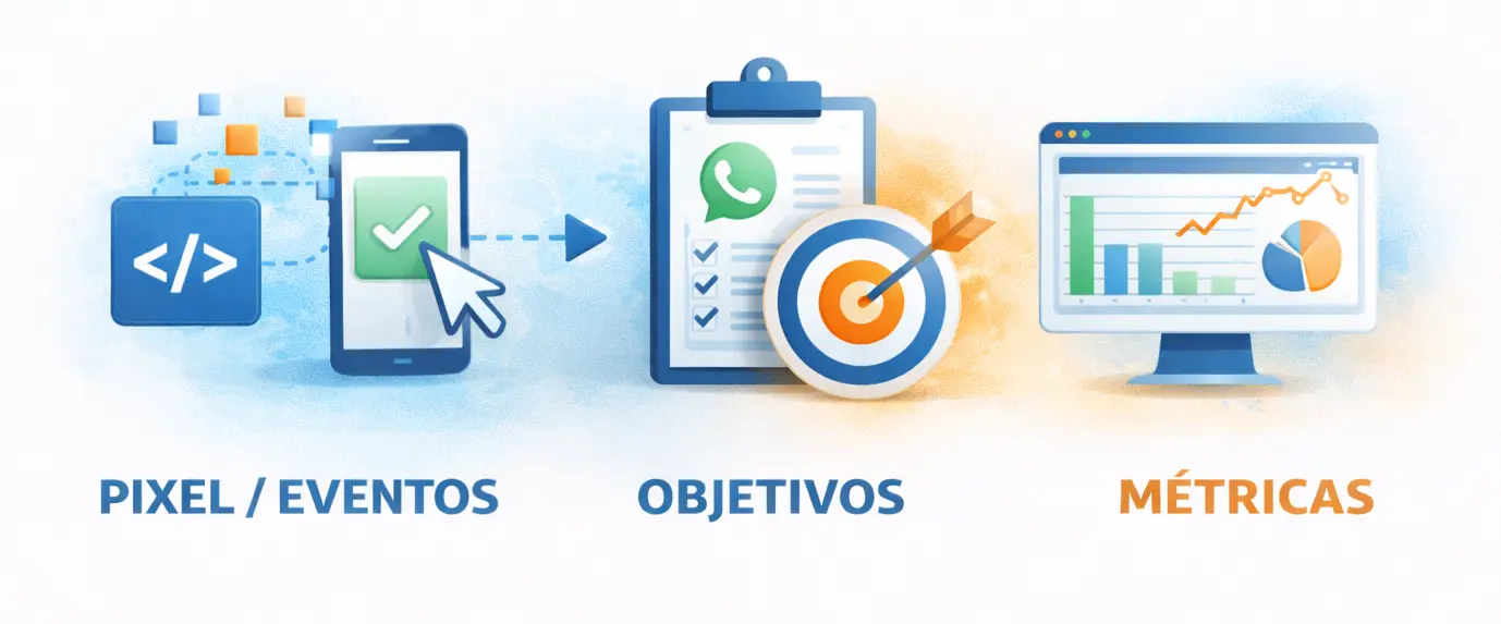 Ilustración que muestra los pilares para medir bien campañas de publicidad en redes: píxel y eventos, objetivos alineados a la landing o WhatsApp y métricas clave desde el día uno