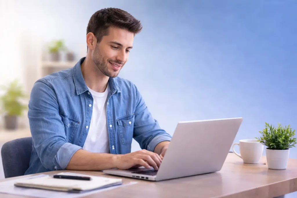 Hombre trabajando en su escritorio con notebook, enfocado en ventas online. 