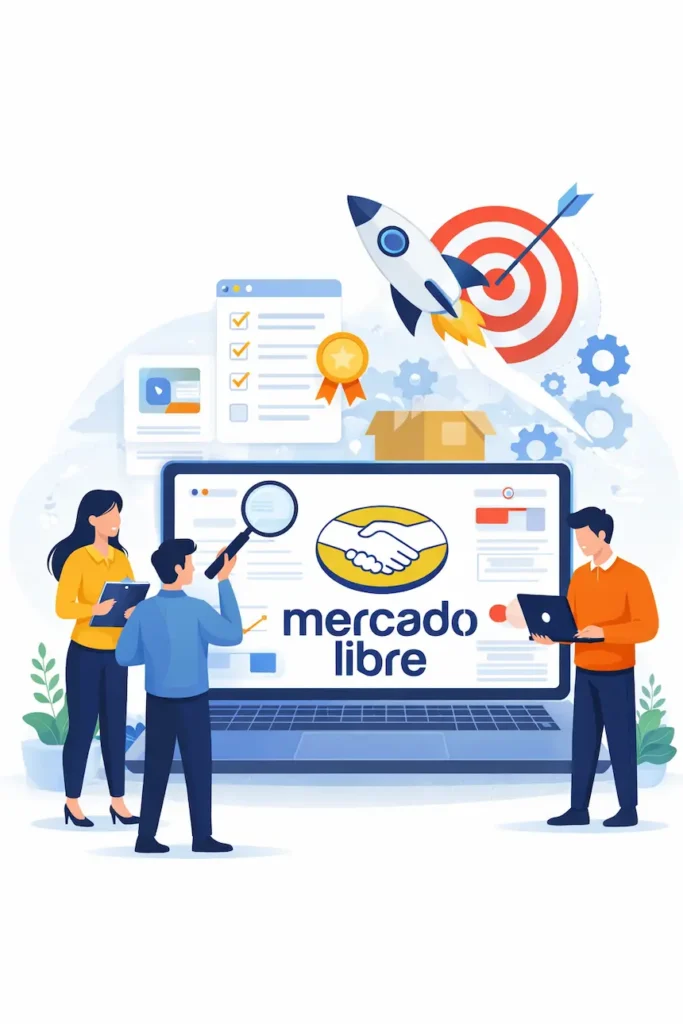 Ilustración de estrategia de posicionamiento en Mercado Libre con laptop, gráficos de rendimiento y logo de Mercado Libre.