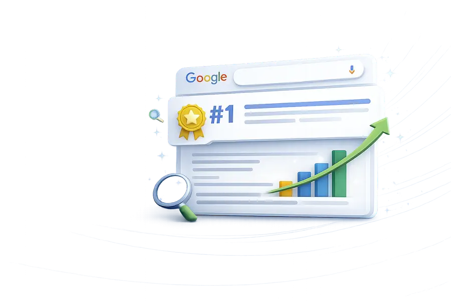 Ilustración de resultados de posicionamiento SEO en Google con crecimiento de tráfico y ranking