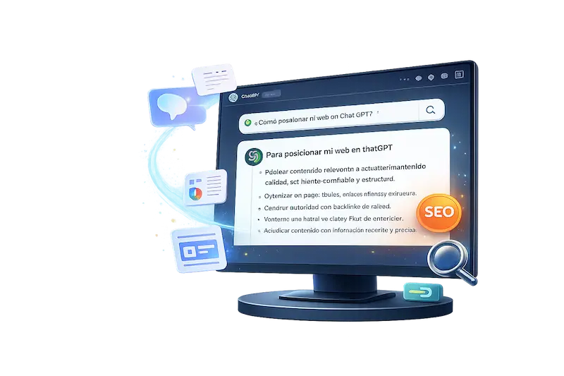 Ilustración de posicionamiento web en ChatGPT que muestra cómo una página aparece en respuestas de inteligencia artificial mediante SEO y autoridad digital